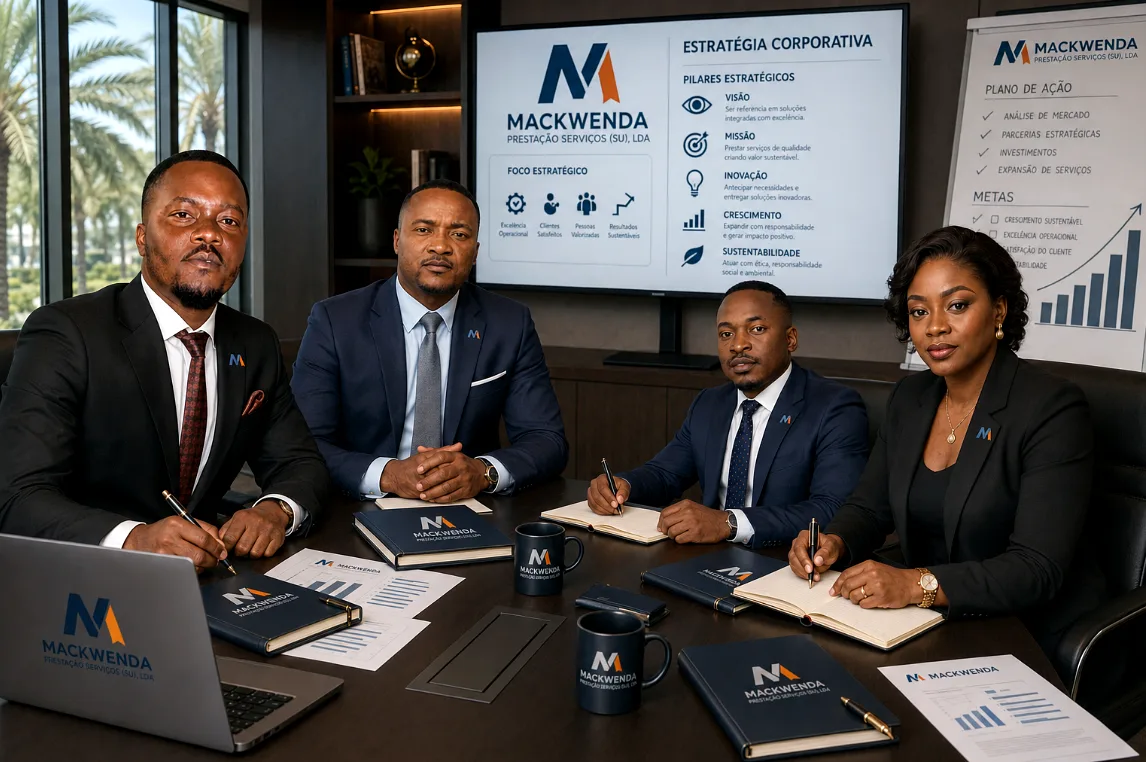 A nossa história — equipa da Mac Kwenda em reunião estratégica corporativa em Luanda